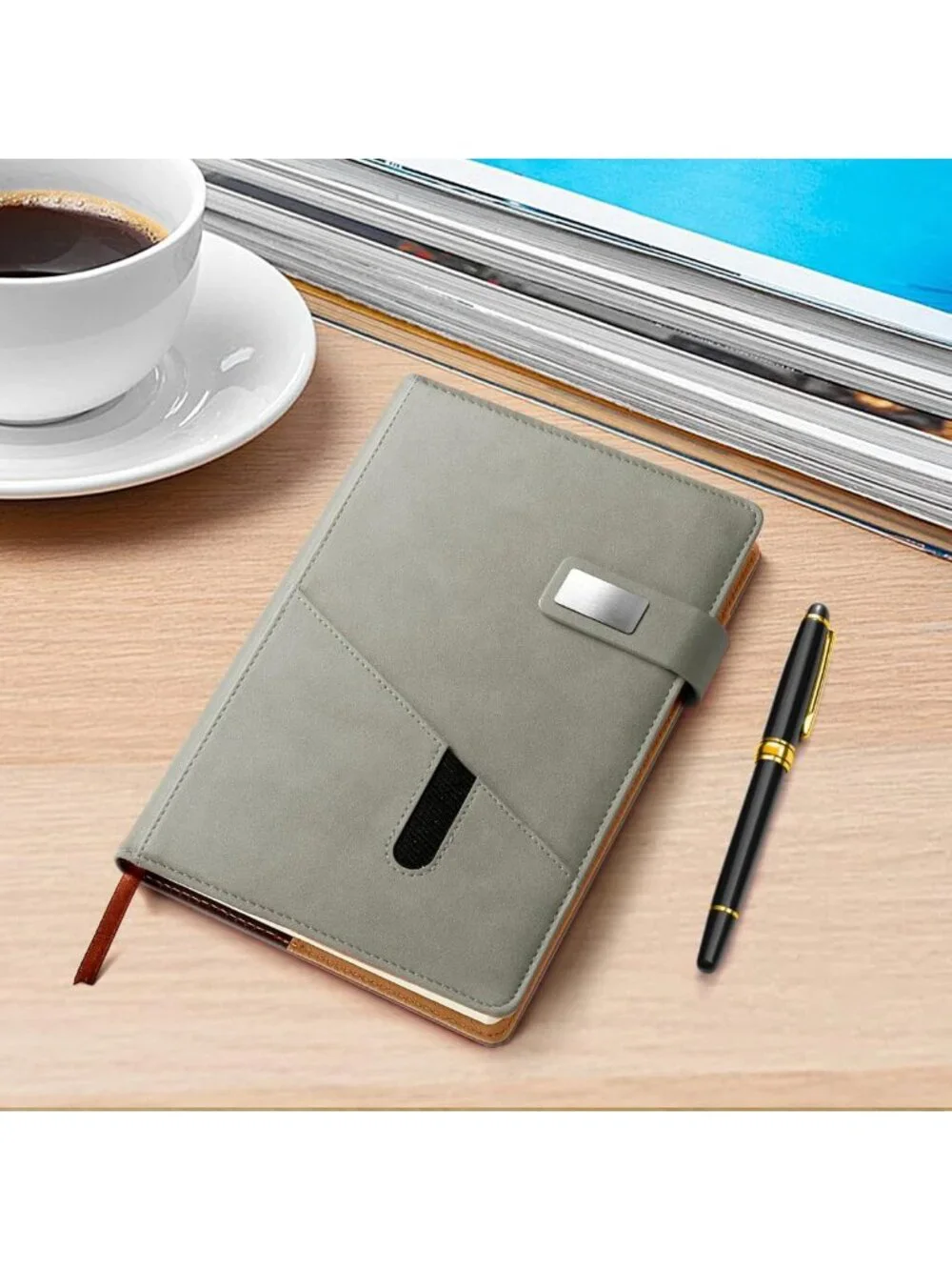 Refillable A5 Leather Journal with Pen, 240 Pages, Pocket, Magnetic Closure